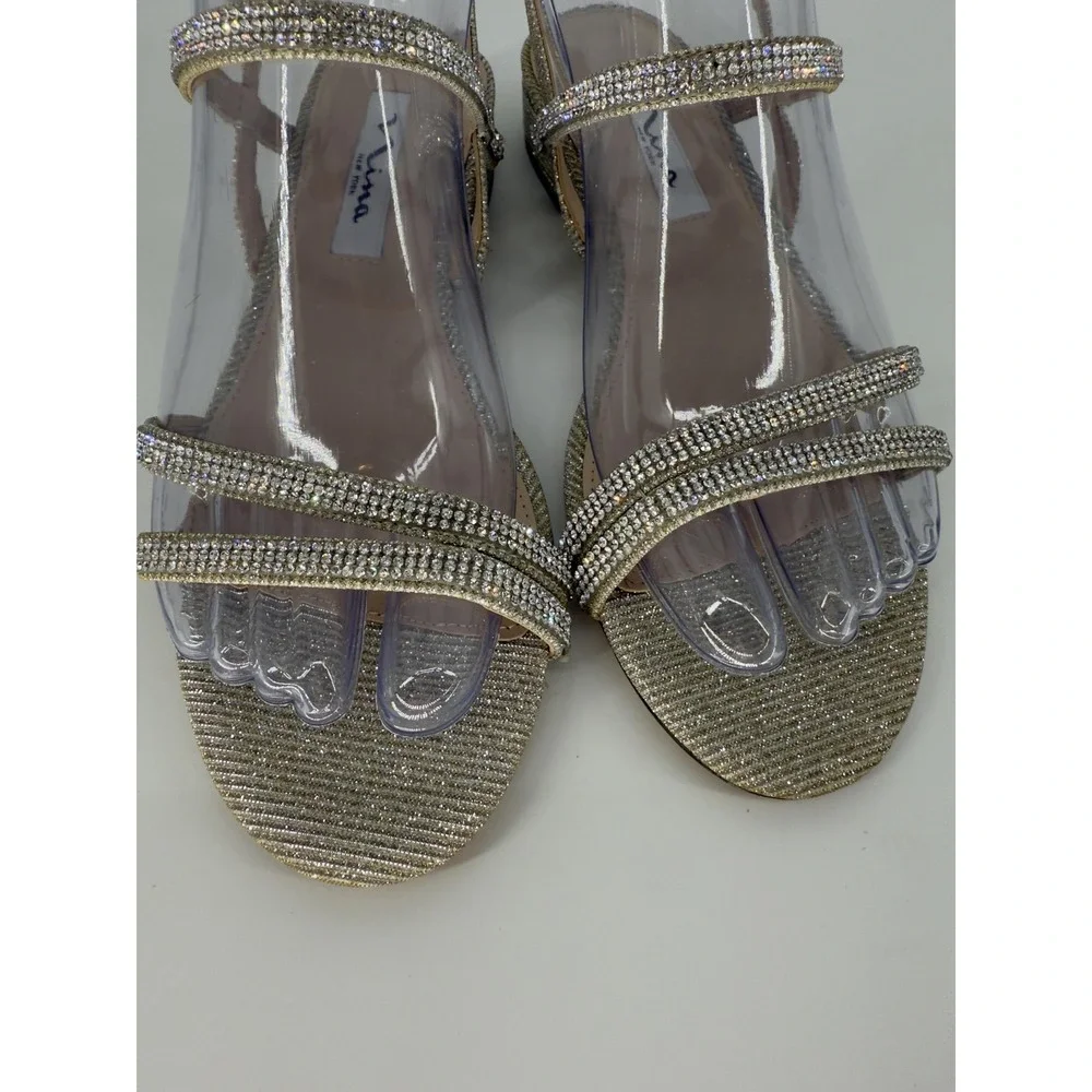 Nina New York Dress Sandals Womens Size 6.5 Gold Rhinestone Slingback‎ Low Heel